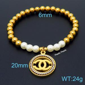 Hand make stainless steel simple style plastic pearls channel charm steel bead gold bracelet - KB164810-Z