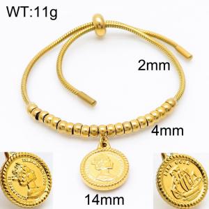 Retro Queen Coin Round Pendant Adjustable Keel Chain Beads Stainless Steel Cuff Bracelets 18K Gold Plated Jewelry - KB166547-Z