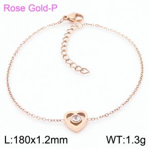 Stainless steel 185x1.2mm welding chain lobster clasp crystal heart charm rose gold bracelet - KB166625-K