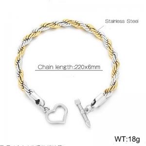 Stainless steel 225x6mm rope chain charm heart clasp classic silver-gold bracelet - KB168182-Z