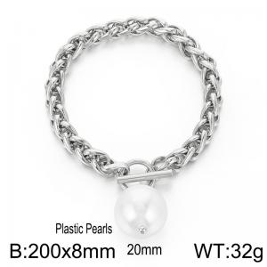 Stainless steel 200x8mm dragonbone chain charm circle clasp classic ball plastic pearl pendant silver bracelet - KB168190-Z