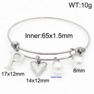 Stylish stainless steel retractable women's pearl bracelet with English letters and a peach heart - KB168747-Z