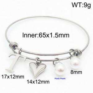 Stylish stainless steel retractable women's pearl bracelet with English letters and a peach heart - KB168755-Z