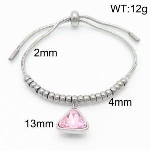 Stainless steel keel bead and triangular pink glass pendant adjustable charm silver bracelet - KB169344-Z