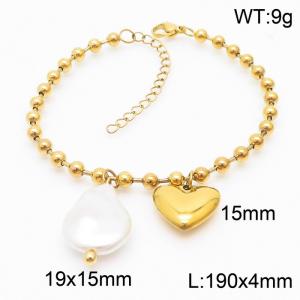 Stainless steel round bead chain simple and personalized heart-shaped pearl charm gold bracel - KB169348-Z