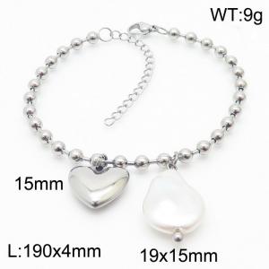Stainless steel round bead chain simple and personalized heart-shaped pearl charm silver bracelet - KB169349-Z