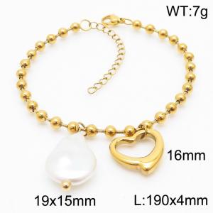 Stainless steel round bead chain, simple and irregular heart shaped pearl charm gold bracelet - KB169350-Z