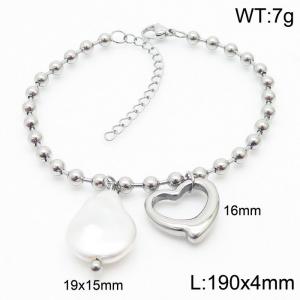 Stainless steel round bead chain, simple and irregular heart shaped pearl charm silver bracelet - KB169351-Z