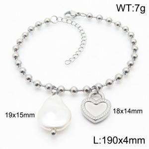 Stainless steel round bead chain simple and personalized heart-shaped pearl charm silver bracele - KB169352-Z