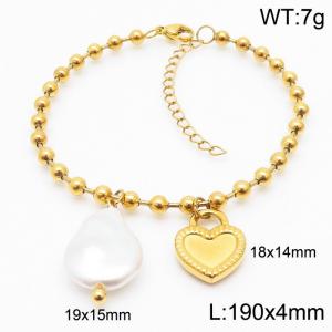 Stainless steel round bead chain simple and personalized heart-shaped pearl charm gold bracelet - KB169353-Z