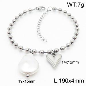 Stainless steel round bead chain, simple and irregular heart shaped pearl charm silver bracelet - KB169354-Z