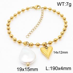 Stainless steel round bead chain, simple and irregular heart shaped pearl charm gold bracelet - KB169355-Z