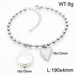 Stainless steel round bead chain, simple and irregular heart shaped pearl charm silver bracelet - KB169356-Z