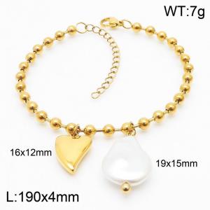 Stainless steel round bead chain, simple and irregular heart shaped pearl charm gold bracelet - KB169357-Z