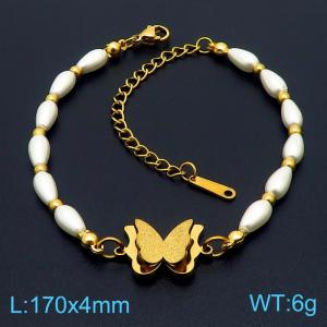 4mm Butterfly Pendant Bracelet Link Chain Stainless Steel Bracelet With Shell Pearl Beads Gold Color - KB169428-KSP