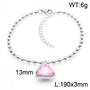 Stainless Steel Ball Chain Simple Personality Triangle Pink Glass Charm Silver Bracelett - KB169500-Z