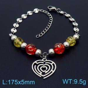 SStainless steel 175 × 5mm round sequin chain with colored beads, heart-shaped pendant, jewelry charm silver bracelet - KB169635-MN