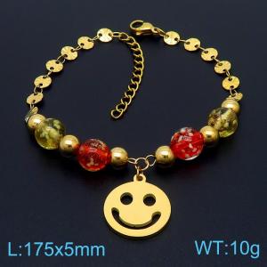 Stainless steel 175 × 5mm round sequin chain with colored beads, smiling face pendant, jewelry charm gold bracelet - KB169636-MN