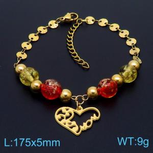 Stainless steel 175 × 5mm round sequin chain with colored beads, heart-shaped pendant, jewelry charm goldbracelet - KB169637-MN