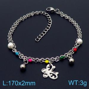 Stainless steel 175 × 2mm Double Layer O-Chain Ball Butterfly Pendant Jewelry Pearl Charm Silver Bracelet - KB169640-MN