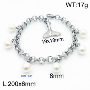 Stainless Steel Link Chain Bracelet with Pearl Pendant Color Silver - KB169932-Z