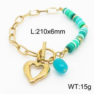 Stainless steel fashionable and minimalist color beaded O-chain hollowed out heart shaped blue bead pendant gold bracelet - KB170232-NJ