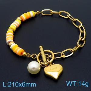 Stainless steel fashionable and minimalist color beaded O-chain heart-shaped pearl pendant gold bracelet - KB170236-NJ