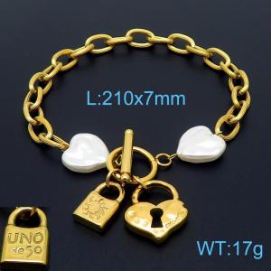 Stainless steel fashionable and minimalist O-chain heart-shaped pearl heart lock buckle pendant gold bracelet - KB170238-NJ