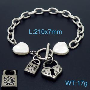 Stainless steel fashionable and minimalist O-chain heart-shaped pearl heart lock buckle pendant silver bracelet - KB170239-NJ