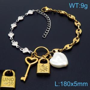 Stainless steel fashionable and minimalist mixed color chain key lock heart-shaped pearl pendant bracelet - KB170240-NJ