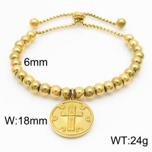6mm Adjustable Beads Chain Stainless Steel Bracelect Gold Color With Cross Accessory - KB170553-Z
