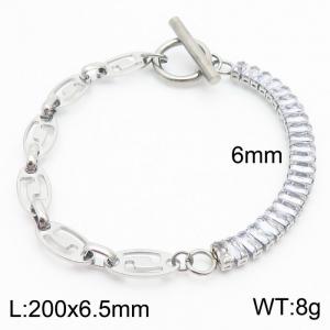 6mm Stainless Steel Bracelet OT Chain Half Geometric Link Chain Half Zircons Silver Color - KB170564-Z