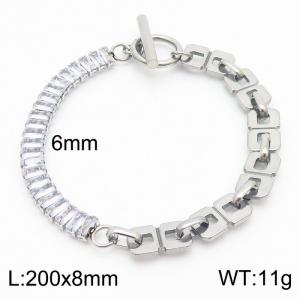 6mm Stainless Steel Bracelet OT Chain Half Quadrilateral Link Chain Half Zircons Silver Color - KB170572-Z