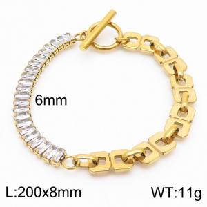 6mm Stainless Steel Bracelet OT Chain Half Quadrilateral Link Chain Half Zircons Gold Color - KB170573-Z