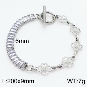 6mm Stainless Steel Bracelet OT Chain Half Four Heart Shaped Accessories Link Chain Half Zircons Silver Color - KB170578-Z