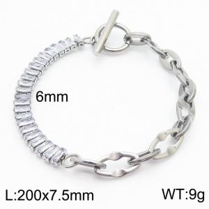 6mm Stainless Steel Bracelet OT Chain Half Elliptical Accessories Link Chain Half Zircons Silver Color - KB170582-Z
