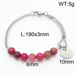 Stainless steel mixed chain connection 6mm gradient pink handmade beaded circular logo pendant with lobster clasp fashionable silver bracelet - KB171219-Z