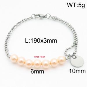 Stainless steel mixed chain connection 6mm pink pearl handmade beaded circular logo pendant lobster clasp fashionable silver bracelet - KB171223-Z