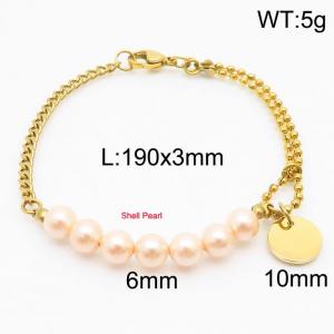 Stainless steel mixed chain connection 6mm pink pearl handmade beaded circular logo pendant lobster clasp fashionable gold bracelet - KB171224-Z