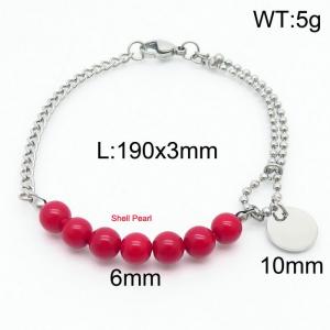 Stainless steel mixed chain connection 6mm red handmade beaded circular logo pendant with lobster clasp fashion silver bracelet - KB171225-Z