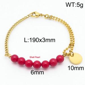 Stainless steel mixed chain connection 6mm red handmade beaded circular logo pendant with lobster clasp fashion gold bracelet - KB171226-Z