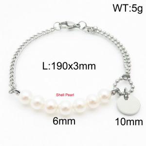 Stainless steel mixed chain connection 6mm white pearl handmade beaded circular logo pendant with lobster clasp fashionable silver bracelet - KB171229-Z