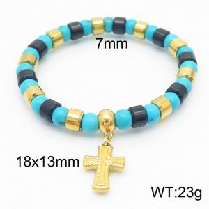 Stainless Steel Beads Link Chain Bracelet With Cross Pendant Gold Color - KB179956-YA
