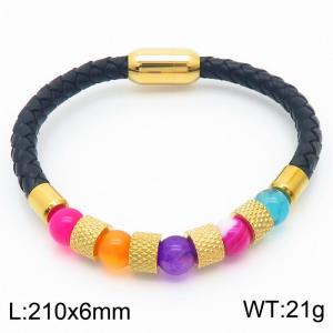 Stainless Steel Beads Link Chain Bracelet With Plastic Beads Cowhide Gold Color - KB179957-YA