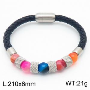 Stainless Steel Beads Link Chain Bracelet With Plastic Beads Cowhide Silver Color - KB179958-YA