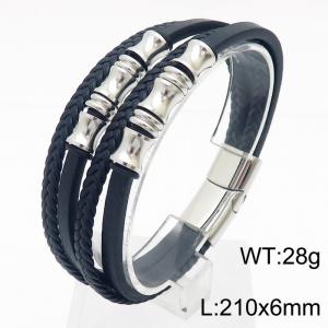 21cm leather rope woven multi-layer stainless steel leather bracelet - KB180004-YY