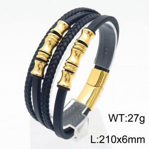 21cm leather rope woven multi-layer stainless steel leather bracelet - KB180005-YY