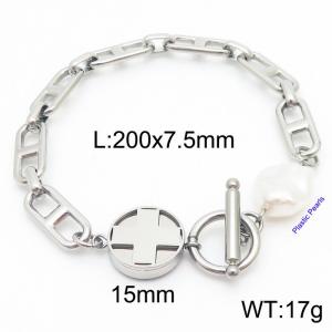 Japanese character chain cross round pendant OT buckle pearl steel color stainless steel bracelet - KB180384-Z