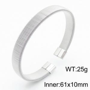 61×10mm Simple and versatile stainless steel vertical stripe elastic opening style silver bangle - KB182611-XY