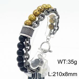 210x8mm Volcanic Stone Beads and Stainless Steel Double Chain Bracelet Men With OT Clasp Silver Color - KB182652-TLX